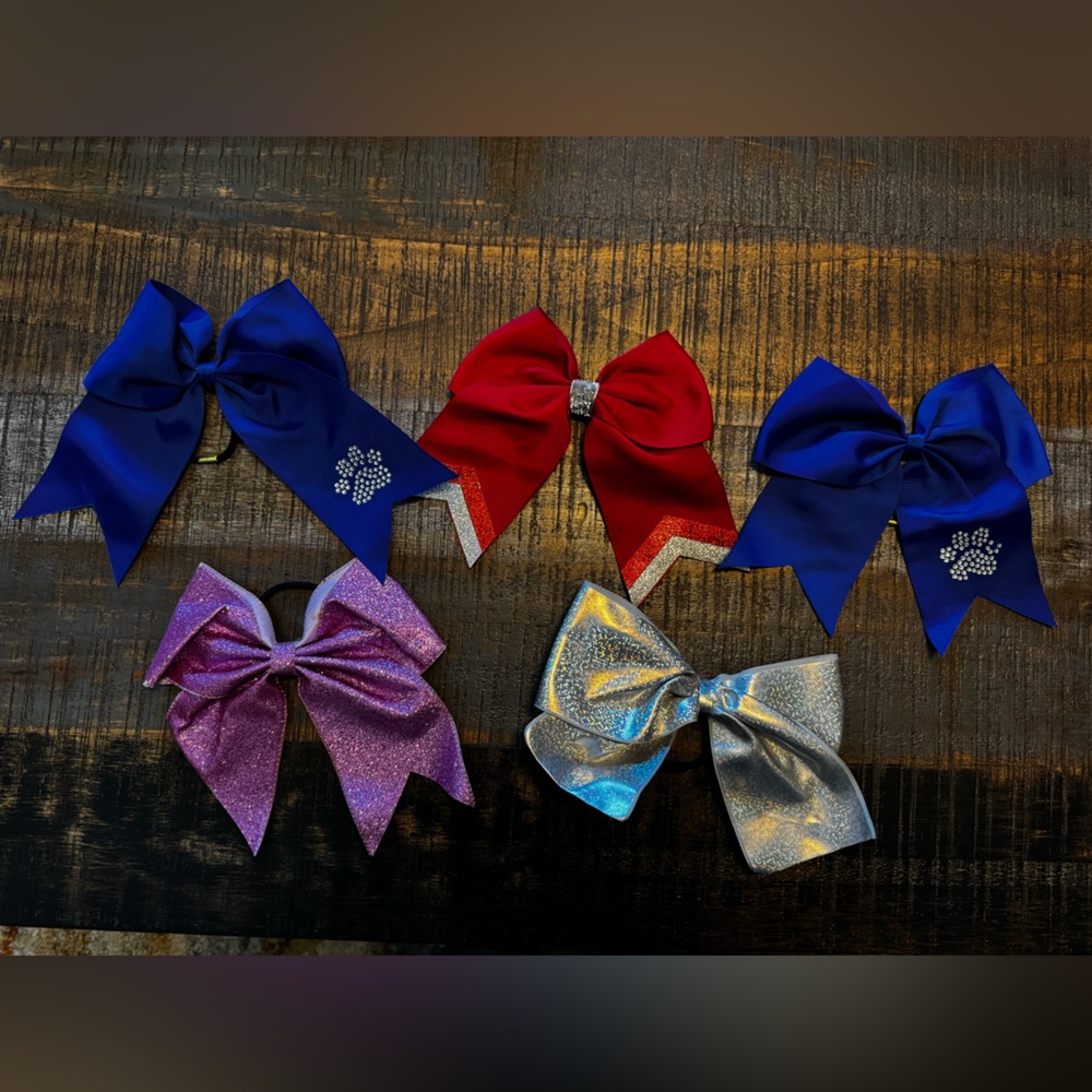 Lot of 5 large hair Bows Pony Tail and Clip Styles Blue Red Pink Glitter Silver